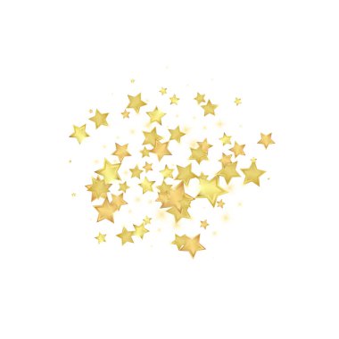 Sihirli yıldızlar vektör kaplaması. Altın yıldızlar rasgele etrafa saçılmış, düşüyor, yüzüyor. Kaotik rüya gibi çocuksu bir şablon. Beyaz arkaplanda mucizevi yıldızlı gece vektörü.