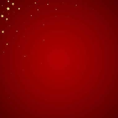 Sihirli yıldızlar vektör kaplaması. Altın yıldızlar rasgele etrafa saçılmış, düşüyor, yüzüyor. Kaotik rüya gibi çocuksu bir şablon. Kırmızı arkaplanda vektör büyüsü.