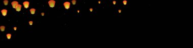 Yi Peng festival kartı. Gece gökyüzünde kağıt fener ışıkları uçuşan Tayland tatili. Geleneksel Yi Peng kutlaması. Siyah arkaplanda vektör illüstrasyonu.