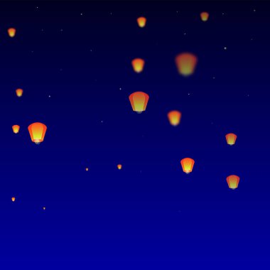 Gece gökyüzünde süzülen gökyüzü fenerleri. Gece gökyüzünde kağıt fener ışıkları uçuşan Tayland tatili. Gökyüzü feneri festivali kutlaması. Koyu mavi arkaplanda vektör illüstrasyonu.