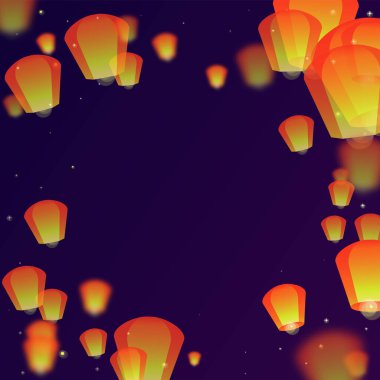 Yi Peng festival kartı. Gece gökyüzünde kağıt fener ışıkları uçuşan Tayland tatili. Geleneksel Yi Peng kutlaması. Mor gradyan arkaplan üzerindeki vektör illüstrasyonu.