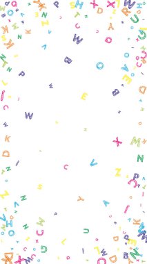 Uçan Latince mektuplar. İngiliz alfabesinin renkli çocuksu dağılmış çardakları. Yabancı diller öğrenim kavramı. Okula dönüş afişi .