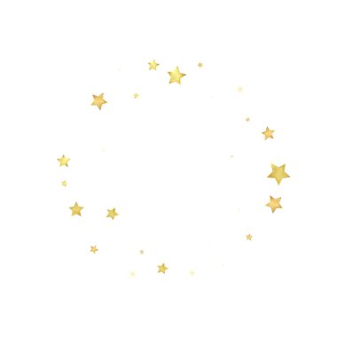 Sihirli yıldızlar vektör kaplaması. Altın yıldızlar rasgele etrafa saçılmış, düşüyor, yüzüyor. Kaotik rüya gibi çocuksu bir şablon. Beyaz arkaplanda vektör büyüsü.