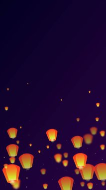 Sky lanterns floating in the night sky. Thailand holiday with paper lantern lights flying in the night sky. Sky lantern festival celebration. Vector illustration on purple gradient background. clipart