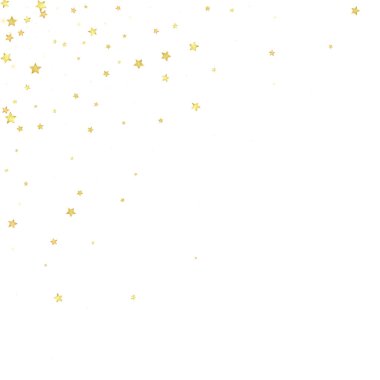 Sihirli yıldızlar vektör kaplaması. Altın yıldızlar rasgele etrafa saçılmış, düşüyor, yüzüyor. Kaotik rüya gibi çocuksu bir şablon. Beyaz arkaplanda büyülü gece gökyüzü.