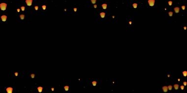 Loy Krathong 'un Chiang Mai kutlaması. Gece gökyüzünde kağıt fener ışıkları uçuşan Tayland tatili. Chiang Mai kültürel geleneği. Siyah arkaplanda vektör illüstrasyonu.