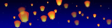 Loy Krathong festival kartı. Gece gökyüzünde kağıt fener ışıkları uçuşan Tayland tatili. Loy Krathong kutlaması. Koyu mavi arkaplanda vektör illüstrasyonu.