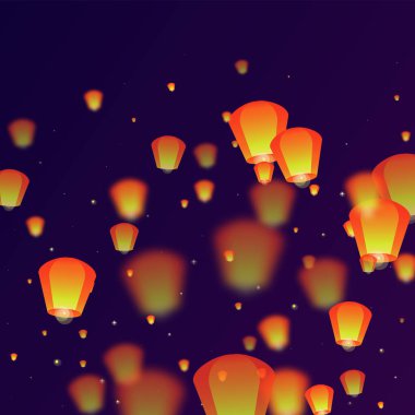 Gece gökyüzünde süzülen gökyüzü fenerleri. Gece gökyüzünde kağıt fener ışıkları uçuşan Tayland tatili. Gökyüzü feneri festivali kutlaması. Mor gradyan arkaplan üzerindeki vektör illüstrasyonu.