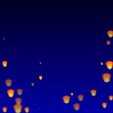 Yi Peng festival kartı. Gece gökyüzünde kağıt fener ışıkları uçuşan Tayland tatili. Geleneksel Yi Peng kutlaması. Koyu mavi arkaplanda vektör illüstrasyonu.