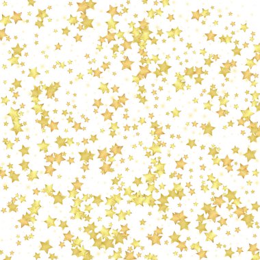 Sihirli yıldızlar vektör kaplaması. Altın yıldızlar rasgele etrafa saçılmış, düşüyor, yüzüyor. Kaotik rüya gibi çocuksu bir şablon. Beyaz arkaplanda vektör peri masalı.