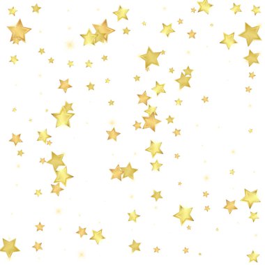 Sihirli yıldızlar vektör kaplaması. Altın yıldızlar rasgele etrafa saçılmış, düşüyor, yüzüyor. Kaotik rüya gibi çocuksu bir şablon. Beyaz arkaplanda vektör büyüsü.