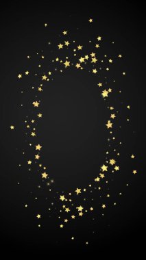 Sihirli yıldızlar vektör kaplaması. Altın yıldızlar rasgele etrafa saçılmış, düşüyor, yüzüyor. Kaotik rüya gibi çocuksu bir şablon. Siyah arkaplanda vektör peri masalı.