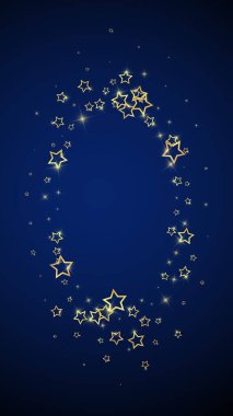 Parıldayan yıldızlar rastgele dağılmış, uçuyor, düşüyor, yüzüyor. Noel kutlaması kavramı. Koyu mavi arkaplanda kutlama yıldızları vektör illüstrasyonu.