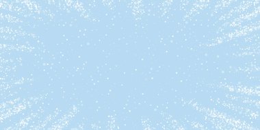Karlı bir Noel geçmişi var. Hafif uçan kar taneleri ve açık mavi kış arka planındaki yıldızlar. Narin, tatlı, karlı bir Noel. Geniş vektör illüstrasyonu.
