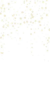 Altın parıldayan yıldız konfetisi. Kaotik rüya gibi çocuksu bir şablon. Beyaz arkaplanda şenlikli yıldız vektör çizimi.