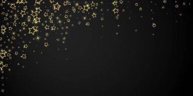 Parıldayan yıldızlar rastgele dağılmış, uçuyor, düşüyor, yüzüyor. Noel kutlaması kavramı. Siyah arkaplanda kutlama yıldızları vektör çizimi.