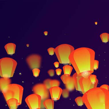Loy Krathong 'un Chiang Mai kutlaması. Gece gökyüzünde kağıt fener ışıkları uçuşan Tayland tatili. Chiang Mai kültürel geleneği. Mor gradyan arkaplan üzerindeki vektör illüstrasyonu.