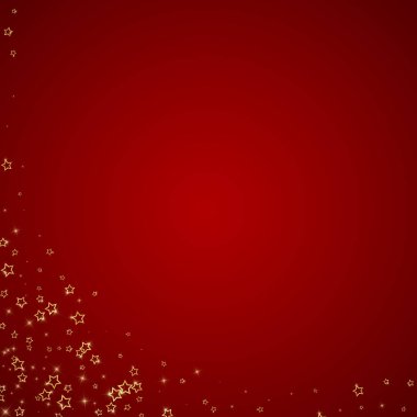 Yıldızlı gece masalı geçmişi. Şirin ışıltılı parıltılar, havada Noel ruhu. Kırmızı arkaplanda kutlama yıldızları vektör çizimi.