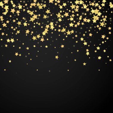 Sihirli yıldızlar vektör kaplaması. Altın yıldızlar rasgele etrafa saçılmış, düşüyor, yüzüyor. Kaotik rüya gibi çocuksu bir şablon. Siyah arkaplanda büyülü karikatür gece gökyüzü.