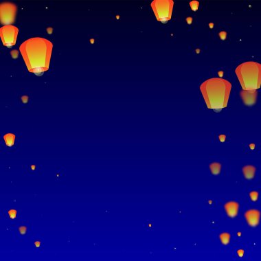 Loy Krathong 'un Chiang Mai kutlaması. Gece gökyüzünde kağıt fener ışıkları uçuşan Tayland tatili. Chiang Mai kültürel geleneği. Koyu mavi arkaplanda vektör illüstrasyonu.