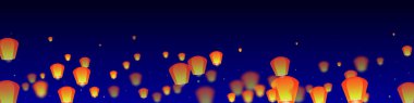 Loy Krathong 'un Chiang Mai kutlaması. Gece gökyüzünde kağıt fener ışıkları uçuşan Tayland tatili. Chiang Mai kültürel geleneği. Koyu mavi arkaplanda vektör illüstrasyonu.
