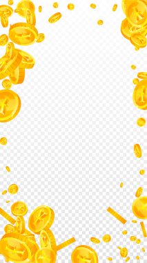 Japanese yen coins falling. Scattered gold JPY coins. Japan money. Global financial crisis concept. Vector illustration.