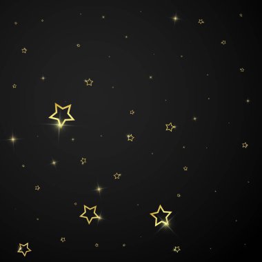 Yıldızlı gece masalı geçmişi. Şirin ışıltılı parıltılar, havada Noel ruhu. Siyah arkaplanda kutlama yıldızları vektör çizimi.