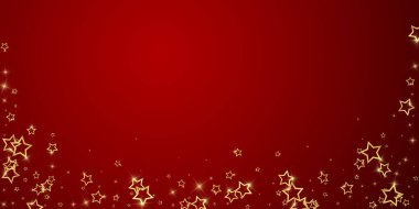 Yıldızlı gece masalı geçmişi. Şirin ışıltılı parıltılar, havada Noel ruhu. Kırmızı arkaplanda kutlama yıldızları vektör çizimi.