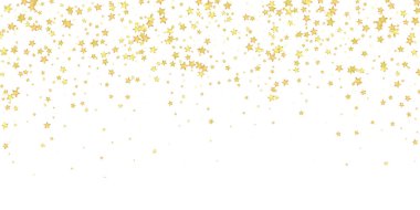 Sihirli yıldızlar vektör kaplaması. Altın yıldızlar rasgele etrafa saçılmış, düşüyor, yüzüyor. Kaotik rüya gibi çocuksu bir şablon. Beyaz arkaplanda vektör peri masalı.
