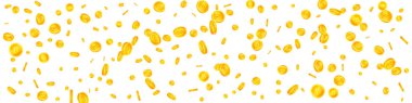 Bitcoin paraları düşüyor. Kripto para birimi etrafa saçılmış altın BTC paralar. İnternet para birimi. Büyük ikramiye ya da başarı konsepti. Panoramik vektör çizimi.