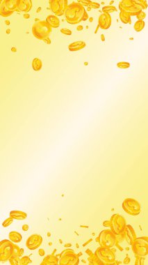 American dollar coins falling. Scattered gold USD coins. USA money. Jackpot wealth or success concept. Vector illustration.