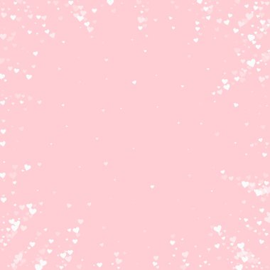 Serpiştirilmiş kalpler sevgililer günü şablonu. Beyaz kalpler pembe arka plana saçılmış. Kutlama serpiştirilmiş kalp vektör illüstrasyonu.