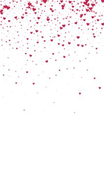 Düşen kalpler sevgililer günü kartı şablonu. Kırmızı kalpler beyaz arka plana saçılmış. Kaotik düşen kalpler vektör illüstrasyonu.