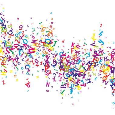 İngilizce 'nin harfleri düşüyor. Latin alfabesinin renkli, çocuksu uçan karakterleri. Yabancı diller öğrenim kavramı. Beyaz arkaplanda okul afişine geri dön.