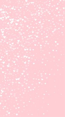 Serpiştirilmiş kalpler sevgililer günü şablonu. Beyaz kalpler pembe arka plana saçılmış. Kutlama serpiştirilmiş kalp vektör illüstrasyonu.