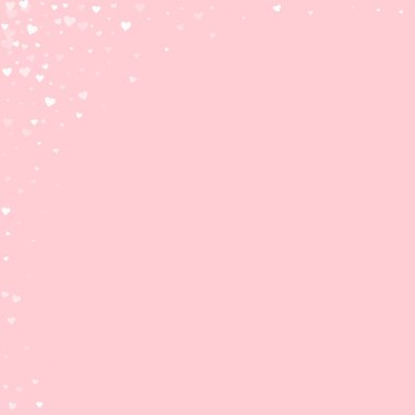 Düşen kalpler sevgililer günü kartı şablonu. Beyaz kalpler pembe arka plana saçılmış. Kaotik düşen kalpler vektör illüstrasyonu.