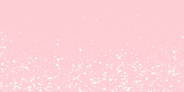 Sevgililer günü kalpleri, uçmak, düşmek, süzülmek. Beyaz kalpler pembe arka plana saçılmış. Sevimli sevgililer günü vektör illüstrasyonu.