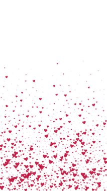 Sevgililer Günü için uçan kalpler. Kırmızı kalpler beyaz arka plana saçılmış. Güzel uçan kalpler vektör illüstrasyonu.