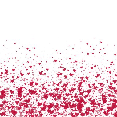 Düşen kalpler sevgililer günü kartı şablonu. Kırmızı kalpler beyaz arka plana saçılmış. Kaotik düşen kalpler vektör illüstrasyonu.