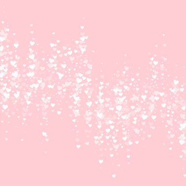 Kalp konfetisi sevgililer günü kaplaması. Beyaz kalpler pembe arka plana saçılmış. Joyfull Heart konfeti vektör çizimi