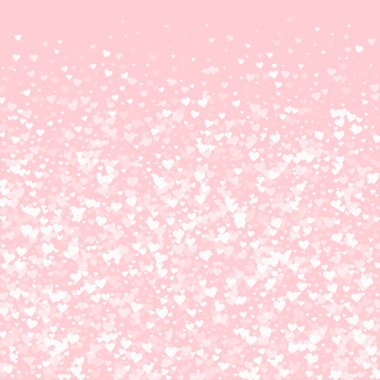 Düşen kalpler sevgililer günü kartı şablonu. Beyaz kalpler pembe arka plana saçılmış. Kaotik düşen kalpler vektör illüstrasyonu.