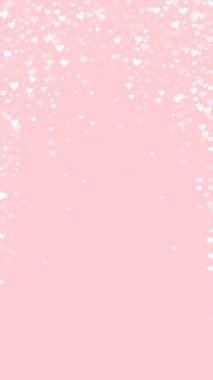 Düşen kalpler sevgililer günü kartı şablonu. Beyaz kalpler pembe arka plana saçılmış. Kaotik düşen kalpler vektör illüstrasyonu.