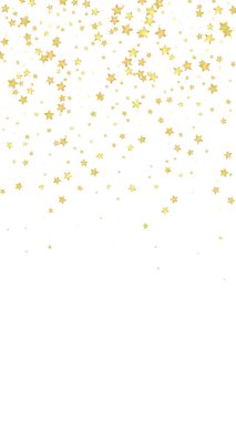 Sihirli yıldızlar vektör kaplaması. Altın yıldızlar rasgele etrafa saçılmış, düşüyor, yüzüyor. Kaotik rüya gibi çocuksu bir şablon. Beyaz arkaplanda vektör peri masalı.