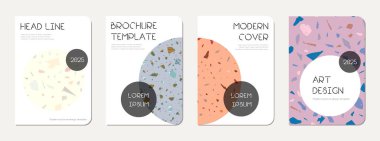 Broşür kapağı tasarımı. Doğal taşlar, granit, kuvars ve mermerden yapılmış terrazzo soyut arka plan. Venedik Terrazzo Doku Broşürü.