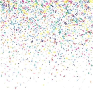 Okul matematik not defteri kapağı. Havada yüzen renkli çocuksu sayılar. Beyaz arka planda matematik afişi. Düşen sayılar vektör illüstrasyonu.