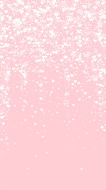 Kalp konfetisi sevgililer günü kaplaması. Beyaz kalpler pembe arka plana saçılmış. Joyfull Heart konfeti vektör çizimi