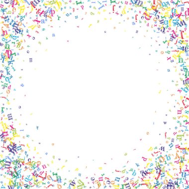 İngilizce 'nin harfleri düşüyor. Latin alfabesinin renkli, çocuksu uçan karakterleri. Yabancı diller öğrenim kavramı. Beyaz arkaplanda okul afişine geri dön.