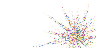 Düşen kalpler sevgililer günü kartı şablonu. Gökkuşağı renkli dağınık kalpler. LGBT sevgililer günü kartı. Kaotik düşen kalpler vektör illüstrasyonu.
