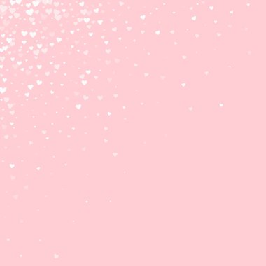 Düşen kalpler sevgililer günü kartı şablonu. Beyaz kalpler pembe arka plana saçılmış. Kaotik düşen kalpler vektör illüstrasyonu.