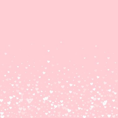 Kalp konfetisi sevgililer günü kaplaması. Beyaz kalpler pembe arka plana saçılmış. Joyfull Heart konfeti vektör çizimi